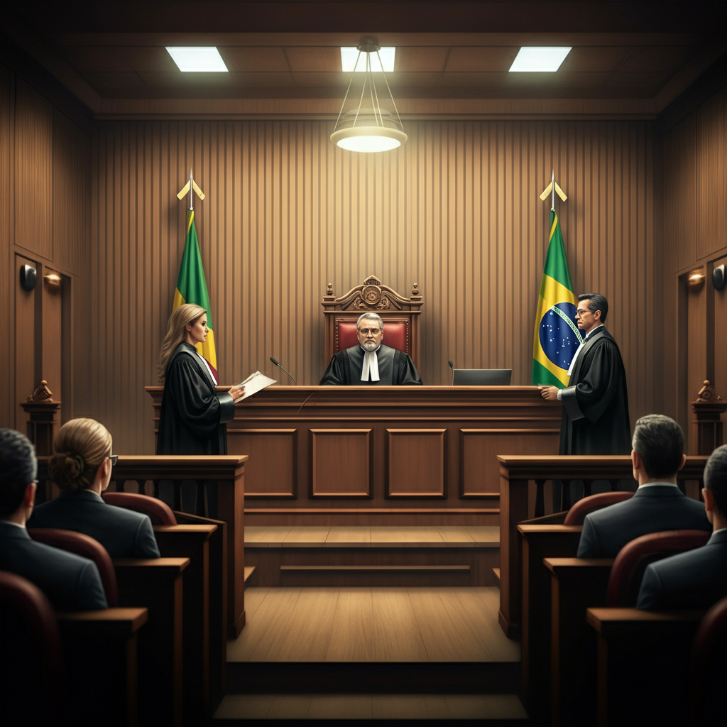 Tribunal com juiz, advogado e júri em um ambiente formal, representando o sistema de justiça.-advogado criminal em bh
