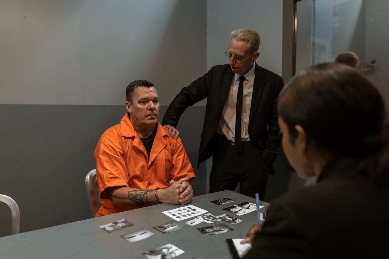Cena de interrogatório com um homem de macacão laranja, advogado ao lado e documentos sobre a mesa, ilustrando serviços jurídicos criminais.